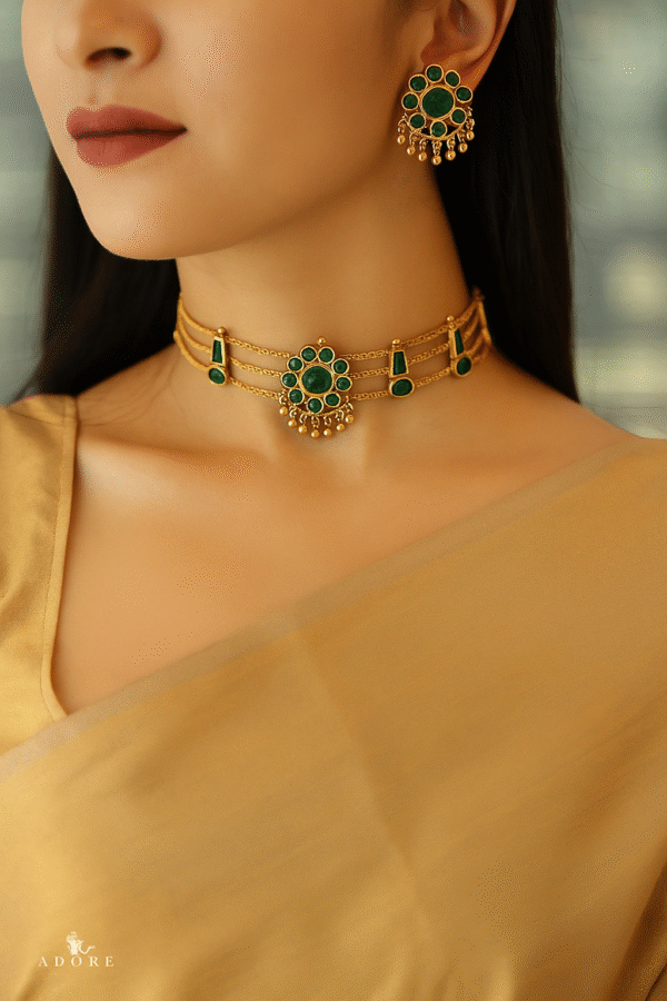 Elegant Gold-Plated Green Stone Choker Necklace Set