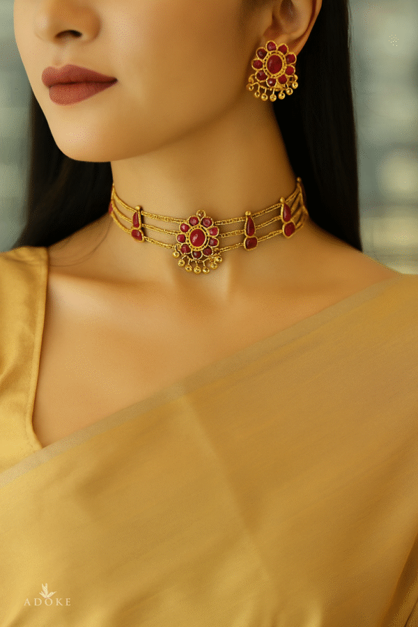 Elegant Gold-Plated Ruby Choker Necklace with Matching Earrings