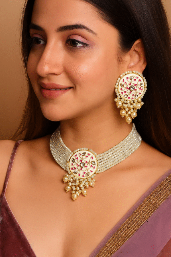Kundan Enameled Pearl Choker Necklace Set with Earrings | Bridal & Party Wear Meena Jewelry